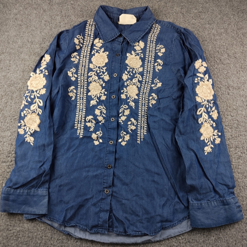 Savanna Jane Top Sz Small Floral Embroider Denim Blue Long Sleeve Hippie Boho